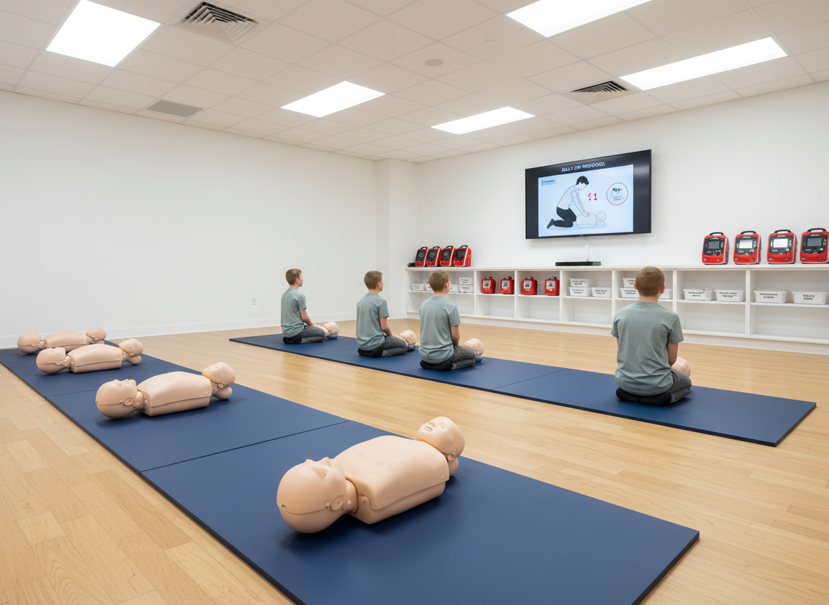 A dedicated CPR and first aid training room in photographic realism, without any people, featuring a row of adult and infant CPR manikins arranged on dark blue training mats on a spotless, light wood floor. At the front of the room, a large wall-mounted flat screen displays a paused CPR instructional diagram, while nearby shelves contain neatly lined automated external defibrillator (AED) trainers, bandage kits, and first aid supplies in clearly labeled bins. Bright but soft overhead lighting evenly fills the room, creating minimal shadows and a focused, clinical atmosphere. Captured from a slightly elevated angle with wide composition, the image emphasizes structure, cleanliness, and readiness for hands-on emergency training.