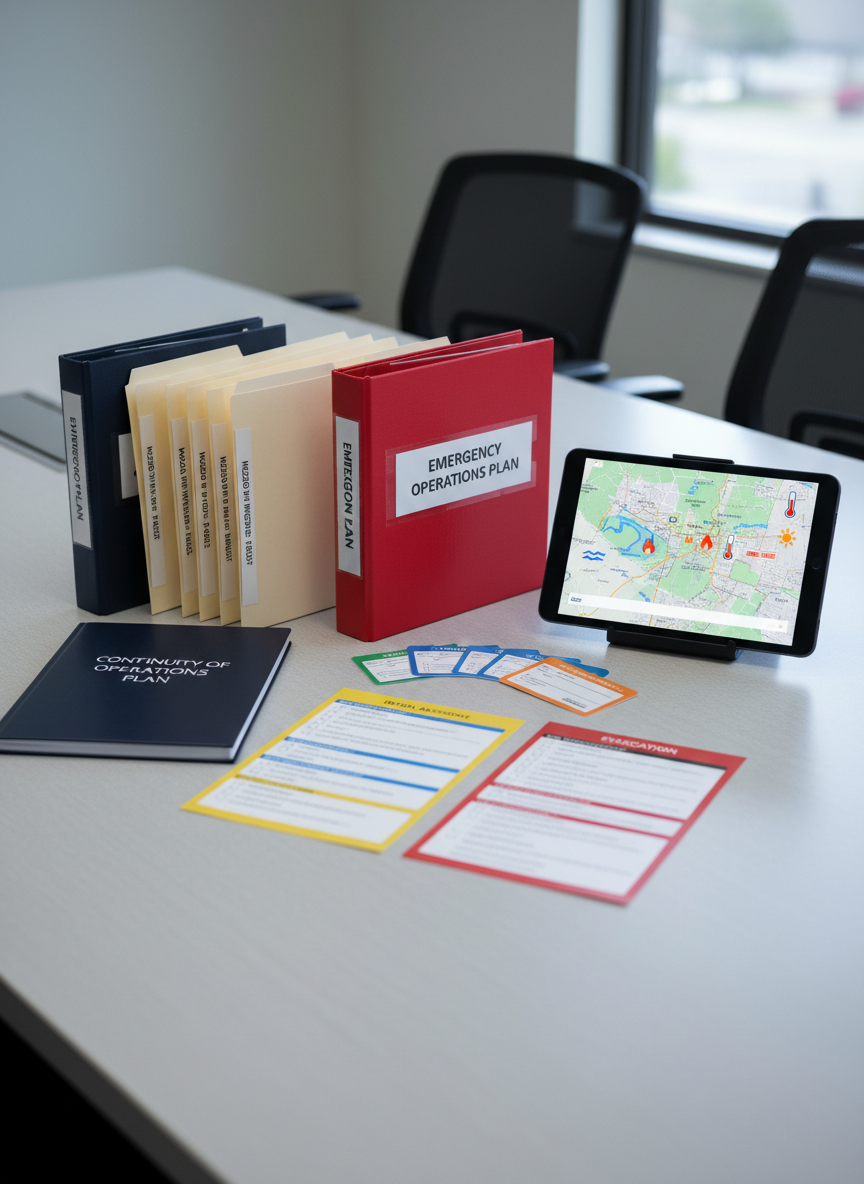 A set of neatly arranged emergency preparedness training materials laid out on a smooth, light gray conference table, including a bright red emergency response binder labeled “Emergency Operations Plan,” a navy blue “Continuity of Operations Plan” manual, hazard mitigation plan folders, laminated quick-reference cards, and color-coded checklists. Nearby, a digital tablet displays a detailed hazard map of the Phoenix region, with icons for floods, wildfires, and extreme heat. Cool, diffused overhead lighting creates soft shadows and crisp clarity across every object. Photographic realism, shot from a slightly elevated angle with shallow depth of field, keeps the foreground documents razor sharp while the background gently blurs, conveying a professional, organized, and highly prepared atmosphere.