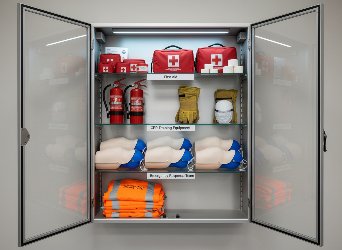 A close-up, photographic realism shot of a fully stocked wall-mounted emergency supply cabinet in a training facility, its clear doors open to reveal neatly arranged fire extinguishers, first aid kits, CPR training manikins’ torsos stacked on a lower shelf, and bright orange emergency response vests folded precisely. Each shelf is labeled with crisp, legible tags such as “First Aid,” “Fire Safety,” and “CPR Training Equipment.” Cool white overhead lighting illuminates the cabinet interior, highlighting the textures of plastic, metal, and fabric, and casting soft, orderly shadows. The composition is framed straight-on at eye level, with a sharp focus throughout, emphasizing reliability, organization, and comprehensive preparedness for disasters and local emergencies.