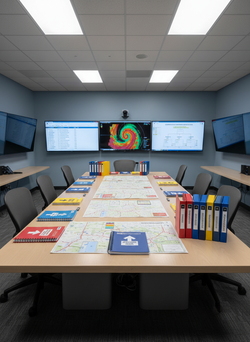A meticulously organized emergency operations command center without any people, featuring a large central table covered with color-coded incident maps of the Phoenix metropolitan area, laminated evacuation routes, and neatly stacked emergency operations binders. Surrounding the table are multiple large wall-mounted monitors displaying live weather radar, hazard alerts, and a detailed continuity of operations plan interface. Soft, even overhead LED lighting creates a neutral, alert atmosphere, with subtle reflections on the polished table surface. Shot at eye level in photographic realism, the composition uses a wide angle to capture the full room, emphasizing readiness, structure, and calm control in a modern, technology-driven emergency preparedness environment.